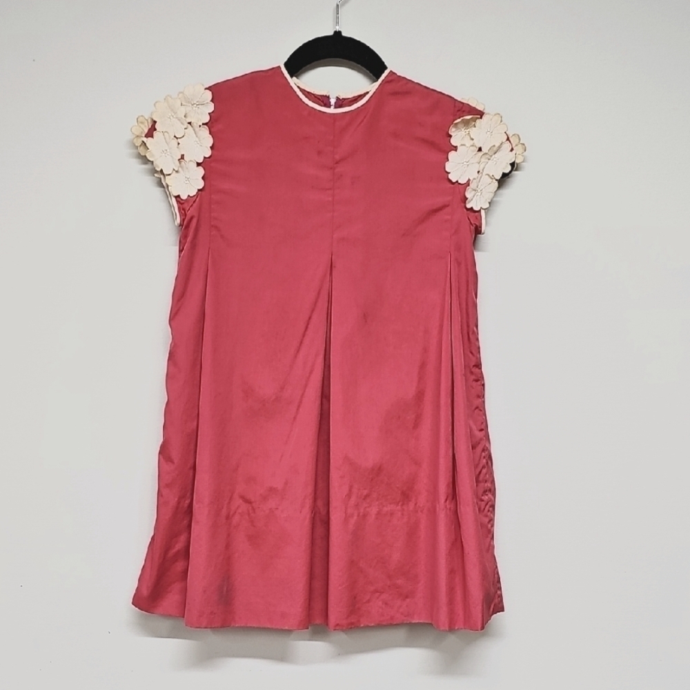 Vtg Hand Sewn Pink Dress White Floral Accents Box Pleats Size 8  ⚠️STAINED⚠️